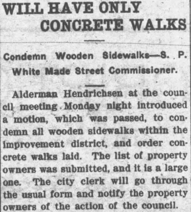 Newspaper article about cement sidewalks.